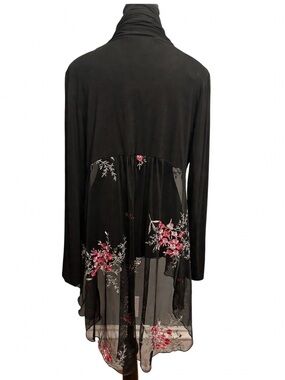 Kim & Cami Black Open-Front Long Cardigan with Floral Embroidered Mesh Hem